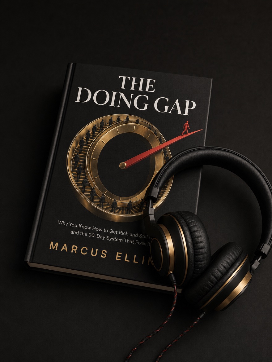 Matte black over-ear headphones with gold accents resting on The Doing Gap hardcover