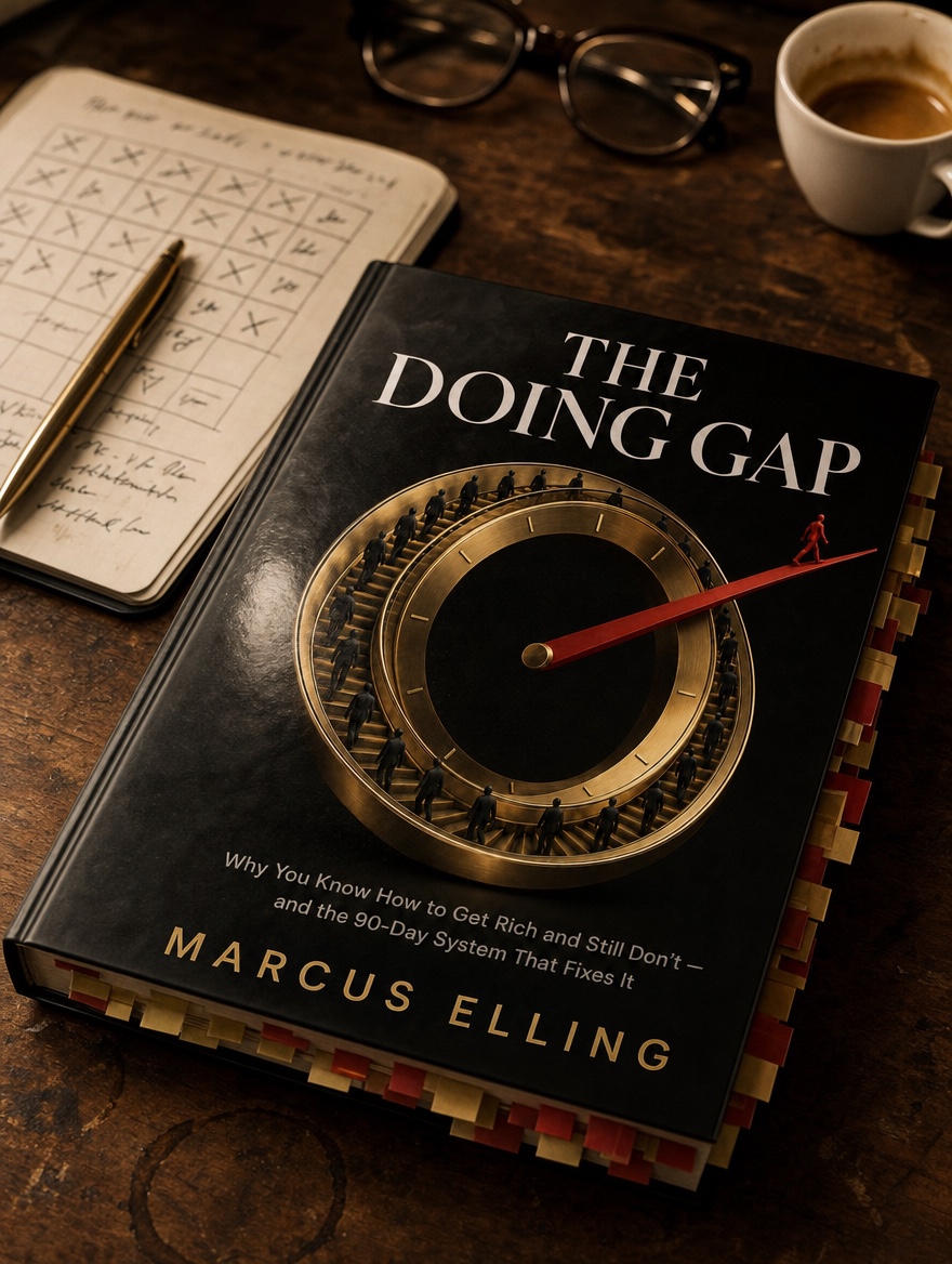 The Doing Gap hardcover full of page-marker tabs next to a notebook with a hand-drawn 90-day grid