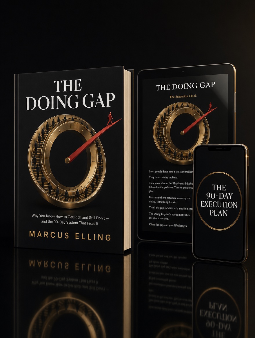 The Doing Gap bundle — hardcover, tablet showing the ebook, and phone showing The 90-Day Execution Plan
