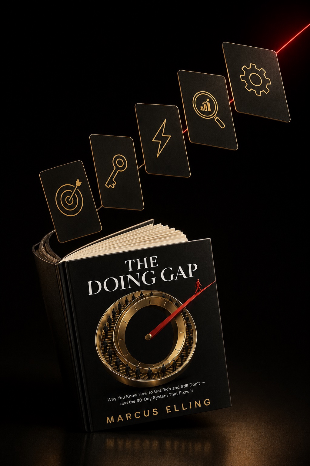 Five gold-embossed cards — target, key, lightning bolt, audit lens, gear — flying out of the open hardcover