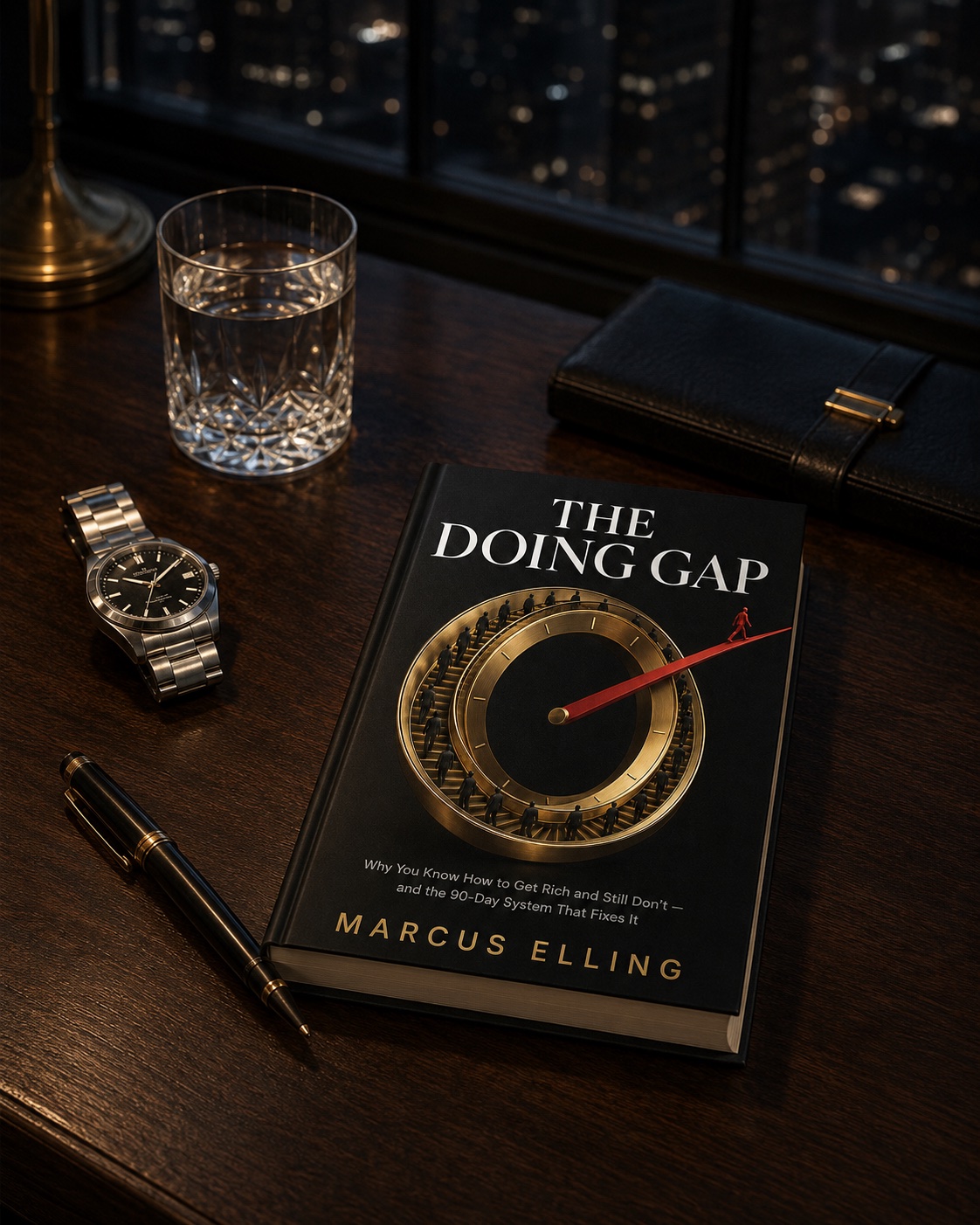 The Doing Gap on a dark wood desk at night beside a watch and a fountain pen
