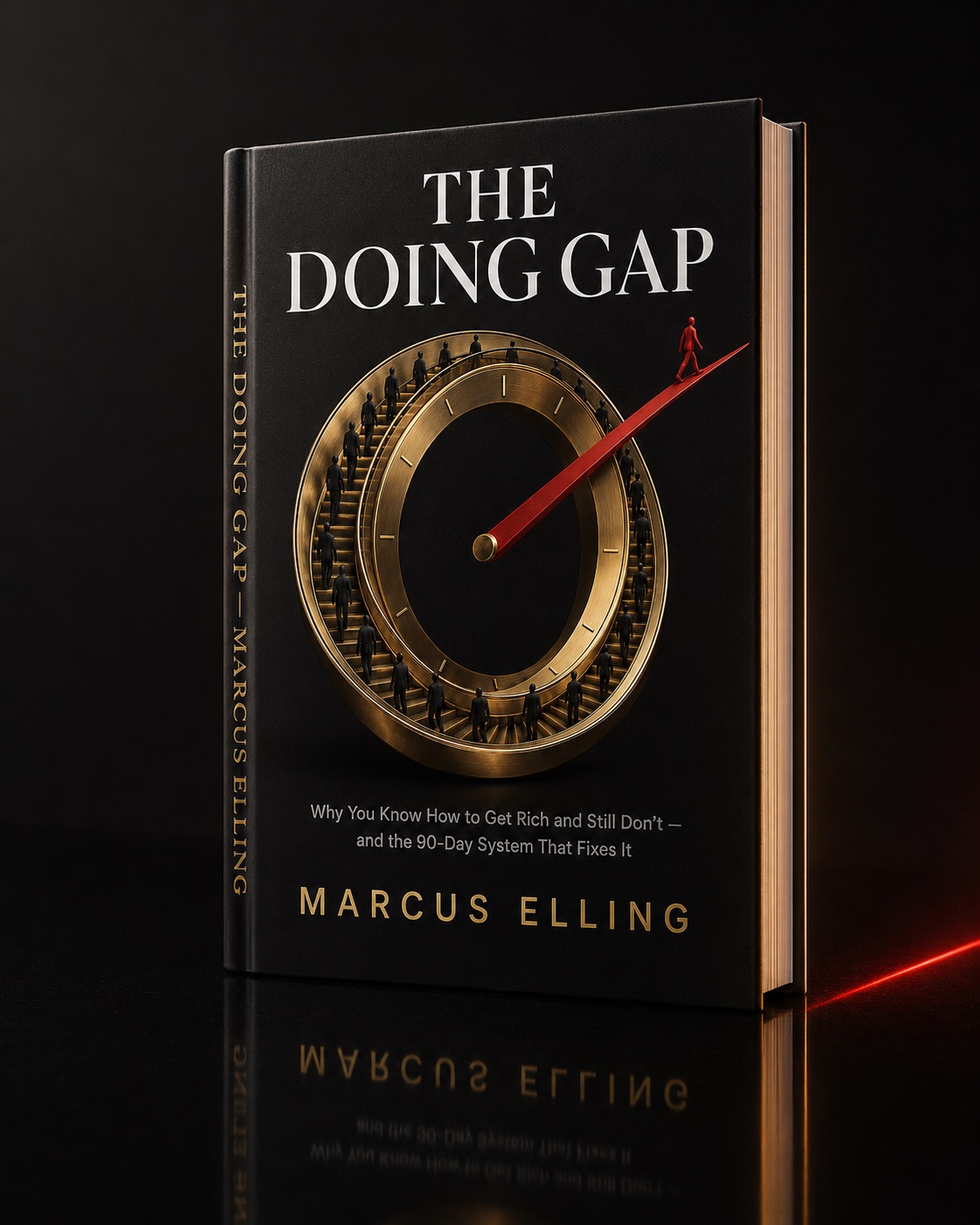 The Doing Gap hardcover — matte black cover with a golden escalator clock-loop and a red figure escaping along the minute hand