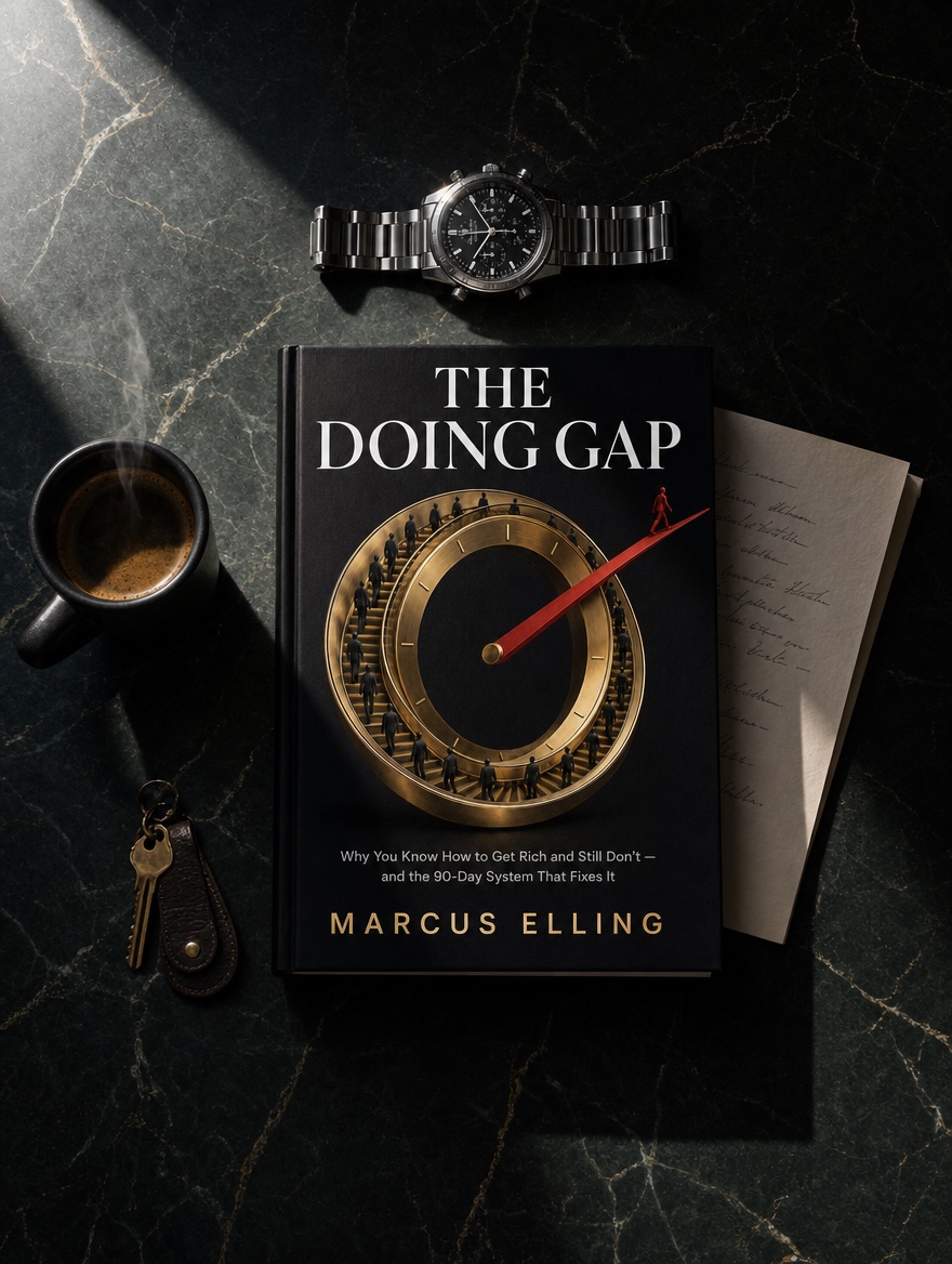 Flat-lay of The Doing Gap with a chronograph watch, espresso and a folded handwritten plan on dark marble