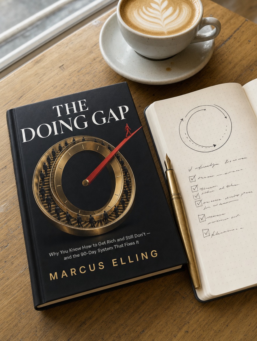 The Doing Gap beside an open notebook with a hand-drawn weekly plan and a flat white